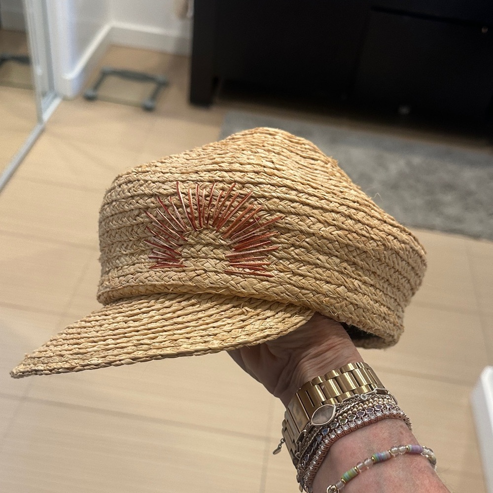 Bone by Dawn Straw Sun Visor Paperboy Hat with Embroidered Design